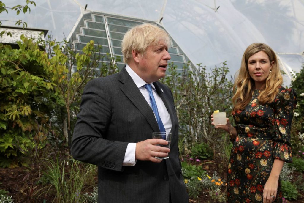 Britain's Prime Minister Boris Johnson and his wife Carrie Johnson arrive for a G7 leaders reception at the Eden Project in Cornwall, England on Friday. (AP) - 