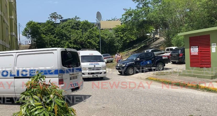 Police and health personnel at Olera Heights, San Fernando on Friday afternoon.  - Narissa Fraser