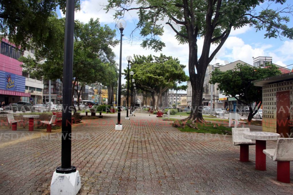 The emptiness of the Brian Lara Promenade in downtown Port of Spain in July 2021, as public health restrictions prohibiting congregrating in public spaces was in effect. Sureash Cholai