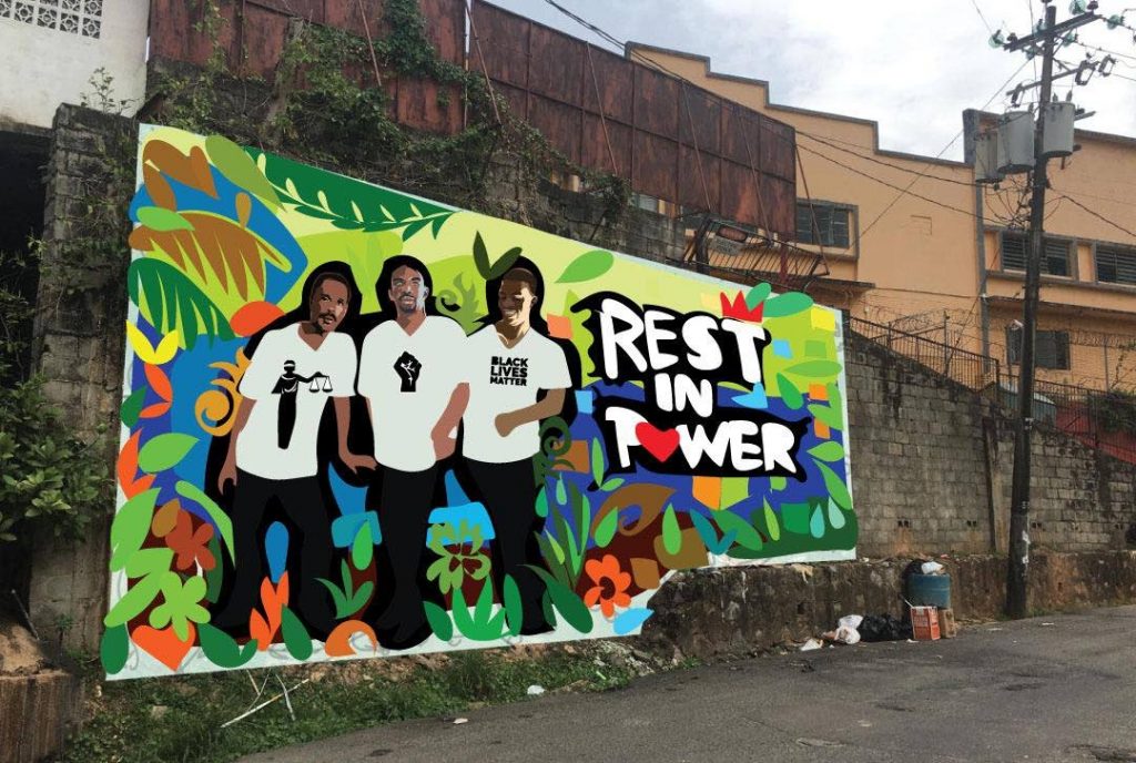A rendition of the mural three artists intend to paint at the spot where Joel Jacobs, Noel Diamond and Israel Clinton were killed by police in Second Caledonia, Morvant on June 27, 2020.  
