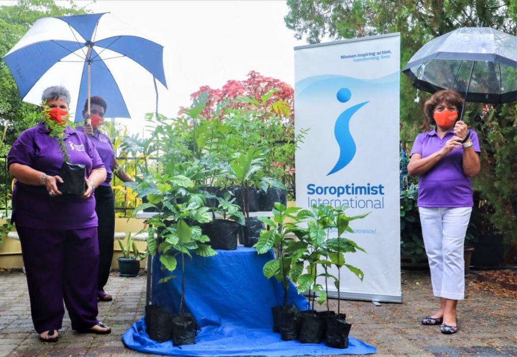 Soroptimist members with 50 food-bearing trees which were distributed for planting. From left are Marilyn Lalla, Gemma Casimir-Redman and Sheila Hassanali.
 - 
