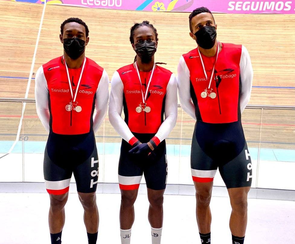 TT's Elite Pan American Track Cycling Championships men's Team Sprint silver medallists (L-R) Keron Bramble, Zion Pulido and Njisane Phillip.  - 