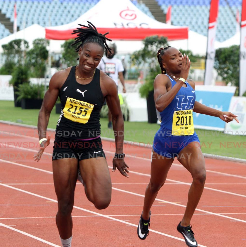 FILE PHOTO: Semoy Hackett, left, competing at the 2018 NAAA National Open Championships at the Hasely Crawford Stadium, Mucurapo.  - 