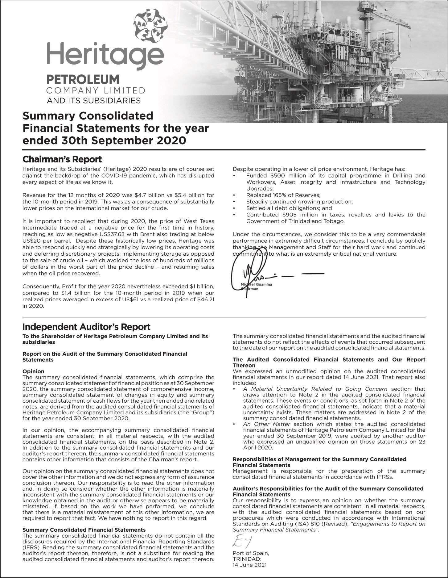 Heritage Petroleum Company Limited and Its Subsidiaries – Summary