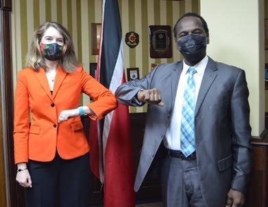 UK envoy Harriet Cross and National Security Minister Fitzgerald Hinds. - 