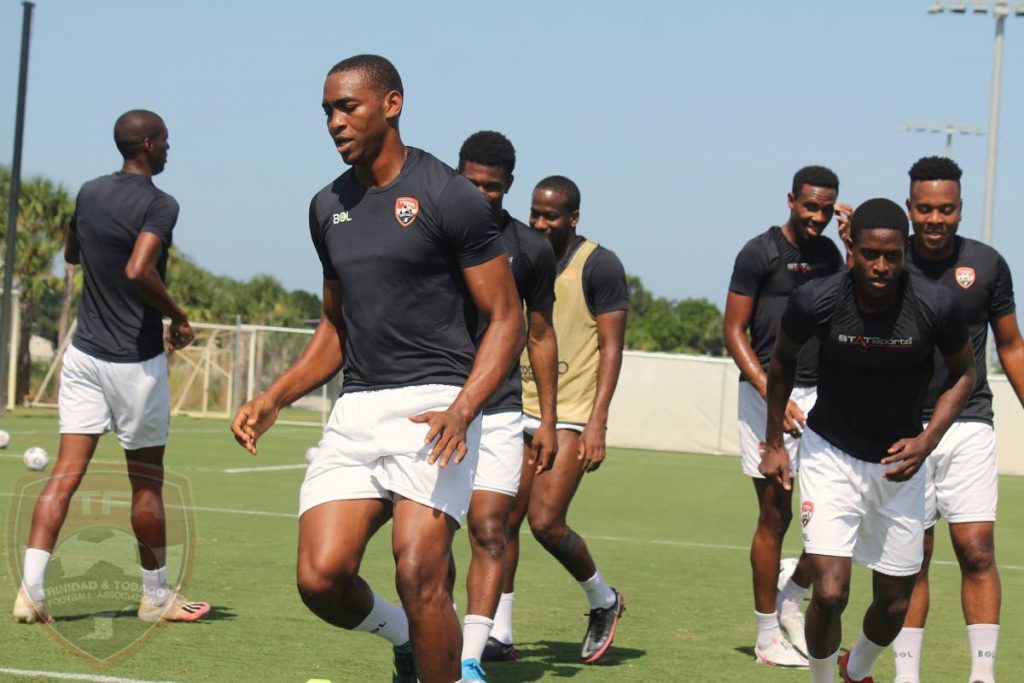 Members of the TT men's football team take part in a training session, on Monday, on the eve of their match against French Guiana in the second round of Concacaf Gold Cup qualifiers, in St Lauderdale, Florida, USA. - TTFA Media
