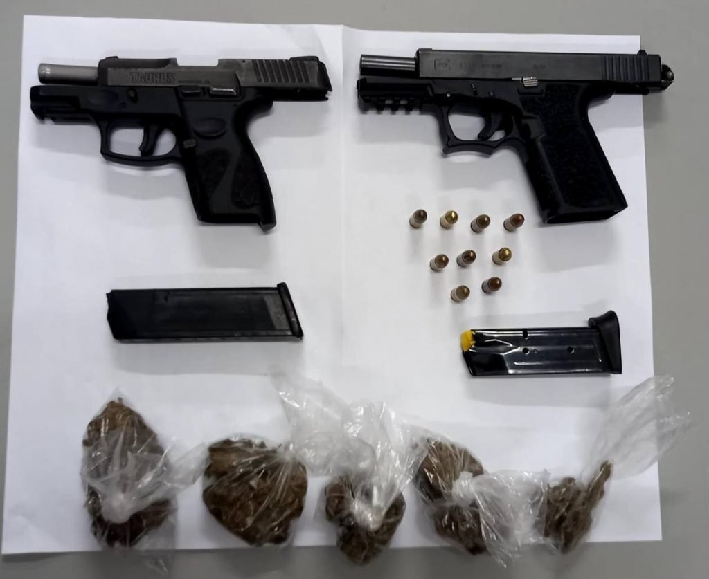 Two pistols, nine rounds of ammunition and a quantity of marijuana were found and seized by police during an anti-crime exercise in Port of Spain on Monday afternoon. 

PHOTO COURTESY TTPS - PHOTO COURTESY TTPS