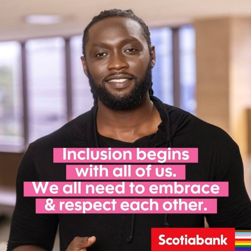 Retired national footballer Kenwyne Jones supports Scotiabank's campaign for respect for LGBTQ+ people. - 