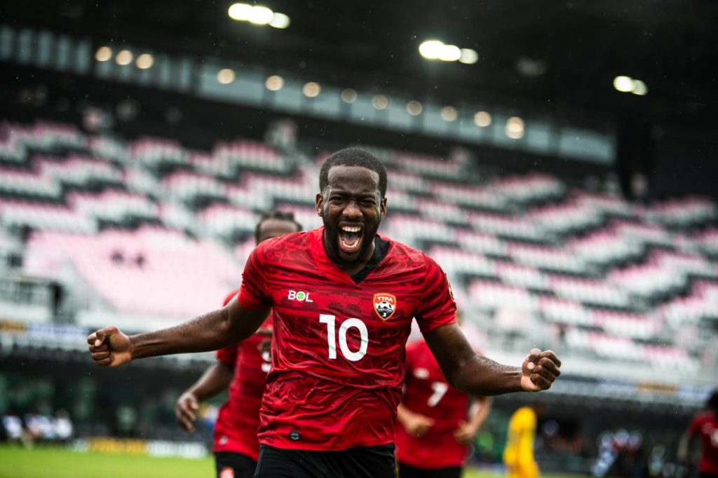 Trinidad and Tobago's Kevin Molino celebrates after scoring a goal during the Gold Cup qualifier against French Guiana at the DRV PNK Stadium in Fort Lauderdale, Florida, United States on Tuesday. (AFP) - 