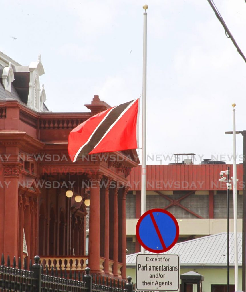 FILE PHOTO: The TT national flag was flown at half-mast at the Red House on Abercromby Street, Port of Spain on July 8 in recognition of the death of Haitian president Jovenel Moise. - 