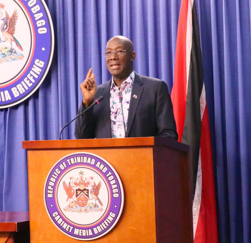 Prime Minister Dr Keith Rowley during a media conference at the Diplomatic Centre, St Ann's on Saturday. - Photo courtesy Office of the Prime Minister