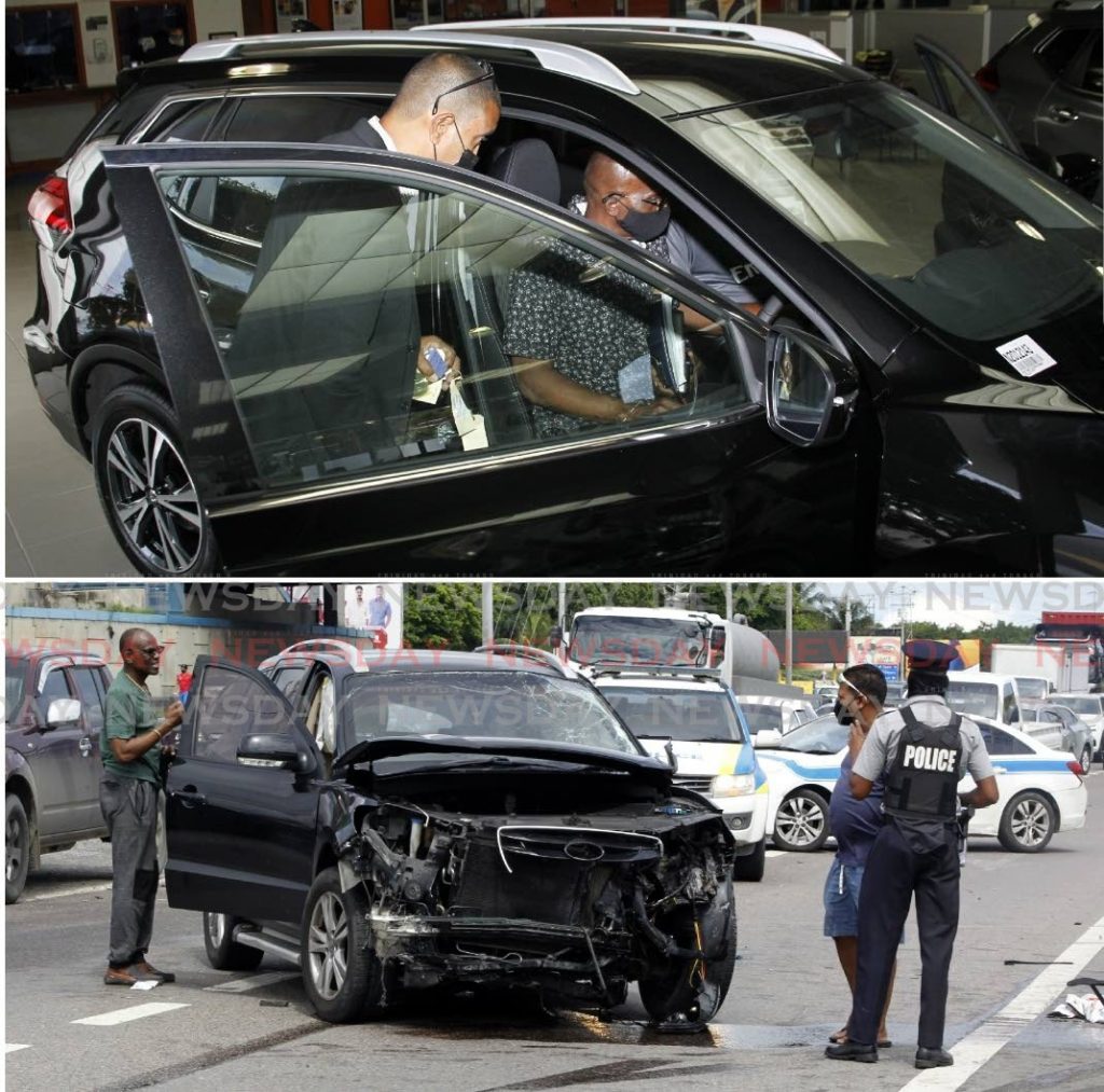 RESET: In this composite photo, Magistrate Alexander Prince Sr sits in the drivers seat of a brand new Nissan X-Trail SUV in the Massy Motors showroom in Morvant on Monday (top), nine days after standing next to his damaged vehicle after an accident on the Churchill Roosevelt Highway on July 3. As a magistrate, Prince is entitled to a tax exemption on his vehicle purchase. Photo by Roger Jacob