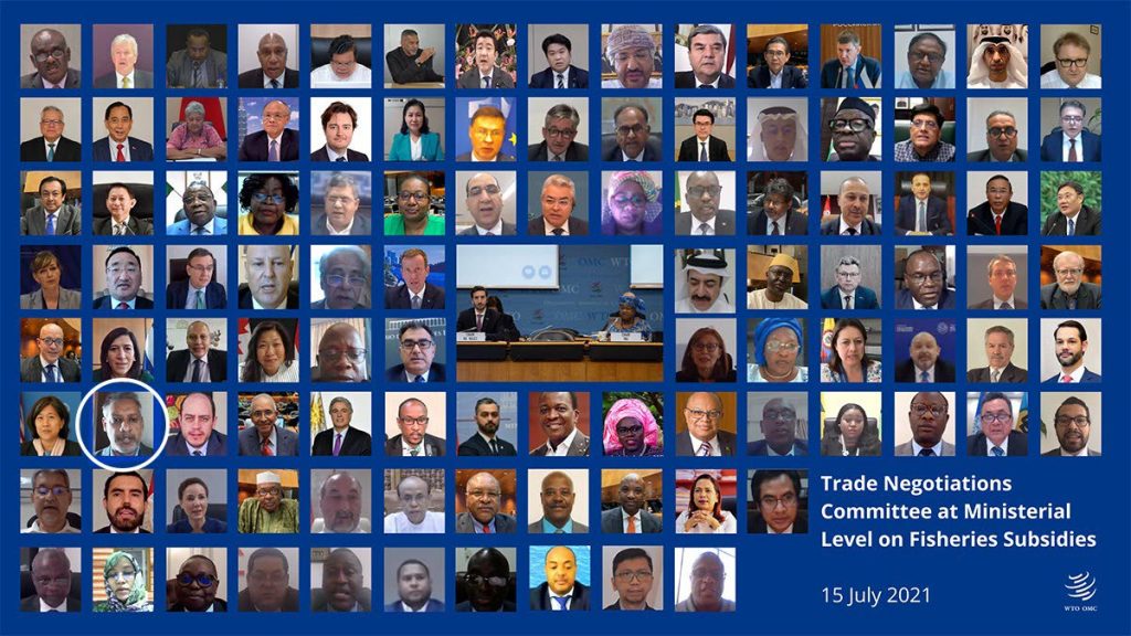 REPPING TT: Agriculture, Land and Fisheries Minister Clarence Rambharat, circled, represents TT as a virtual meeting of the World Trade Organisation's earlier this week which discussed the global issue of over-fishing. PHOTO COURTESY MINISTRY OF TRADE AND INDUSTRY - 