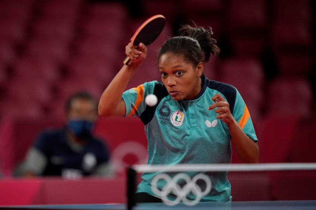 Guyana's Chelsea Edghill gestures during her women's table tennis singles preliminary round match against Fiji's Sally Yee at the 2020 Summer Olympics, on Saturday, in Tokyo. (AP PHOTO) - 