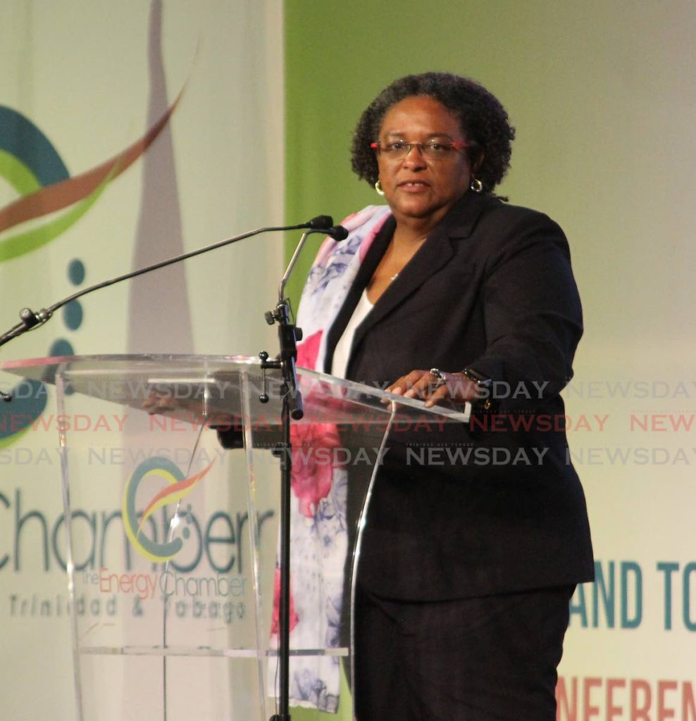 In this February 3, 2020 file photo Barbados Prime Minister Mia Mottley gives the keynote address at the Trinidad and Tobago Energy Conference, Hyatt, Port of Spain. On Thursday, Mottley was the guest speaker at the Trinidad and Tobago Chamber of Industry and Commerce virtual conference on the digital economy. - Photo by Angelo Marcelle
