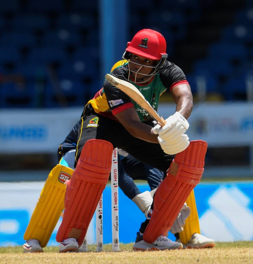 In this August 25, 2020 file photo, Evin Lewis, of St Kitts & Nevis Patriots, hits a four during the Hero Caribbean Premier League match against the Barbados Tridents at the Queen’s Park Oval, St Clair. - via CPL T20 
