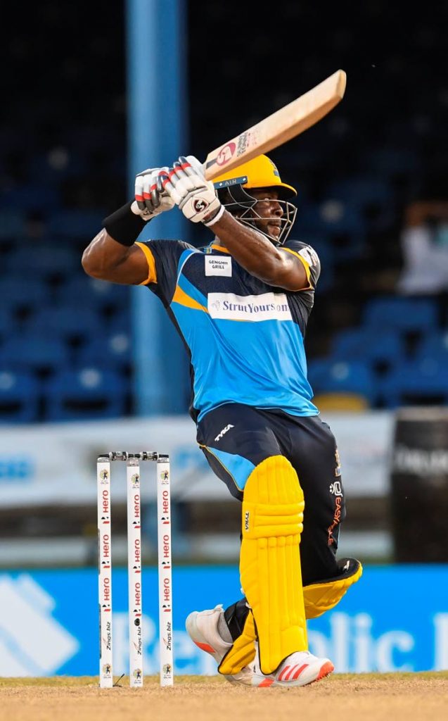 In this August 26, 2020 file photo, Kyle Mayers of Barbados Tridents( now Barbados Royals) hits a six during the Hero Caribbean Premier League match against the Jamaica Tallawahs at the Queen’s Park Oval, St Clair. - via CPL T20