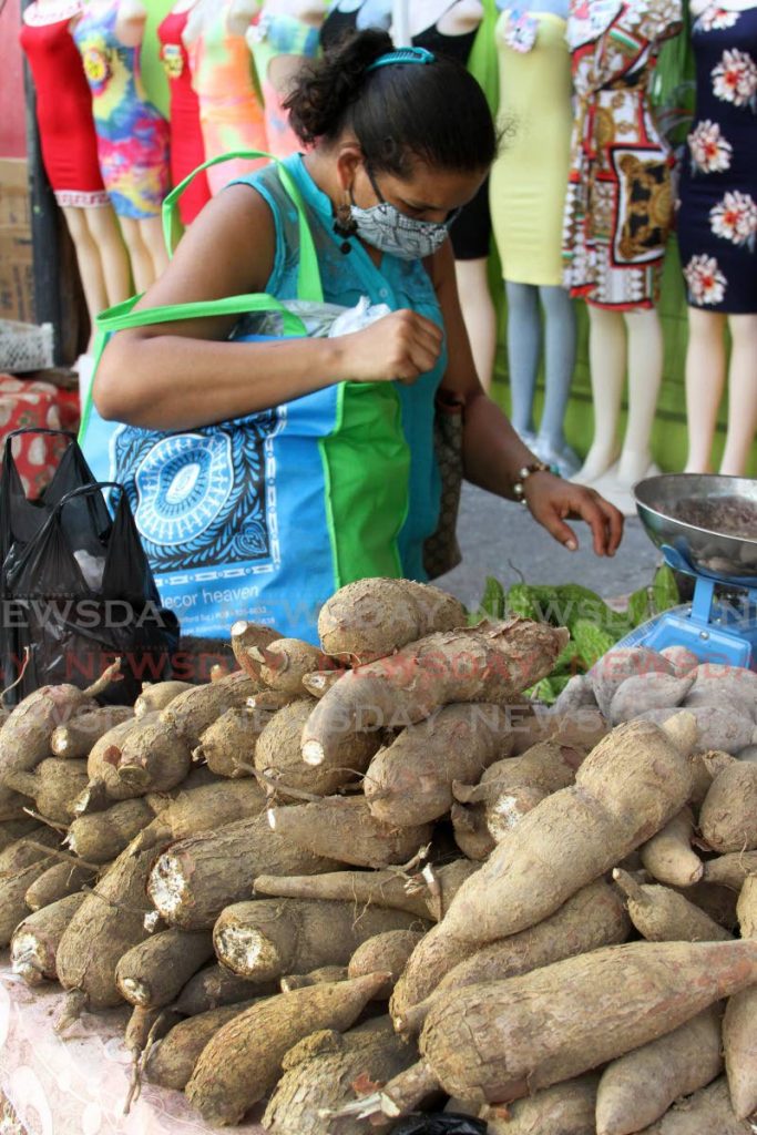 A woman shops for cassava at a stall on Charlotte Street, Port of Spain. Families turned to the tuber as a cheap source of carbohydrate. FILE PHOTO/ANGELO MARCELLE - 