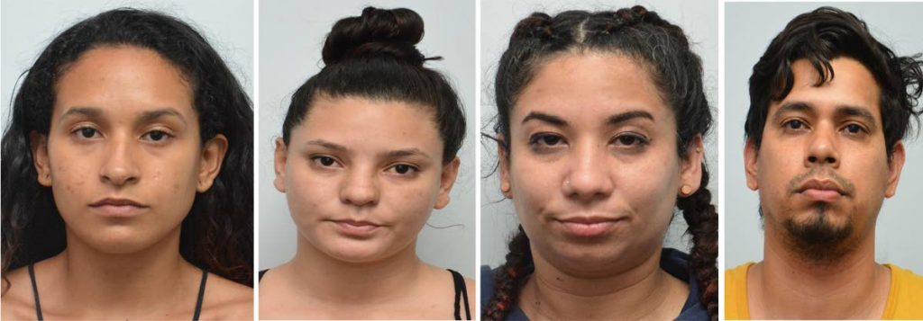 CHARGED: This composite photo shows from left, Melissa Lee Rosillo Alzola, Patricia Velentina Bonalde Diaz, Teomagdis Carolina Olivero and Jesus David Brito Diaz, all Venezuelan nationals, who were arrested and charged for breaking the curfew. PHOTOS COURTESY TTPS - TTPS