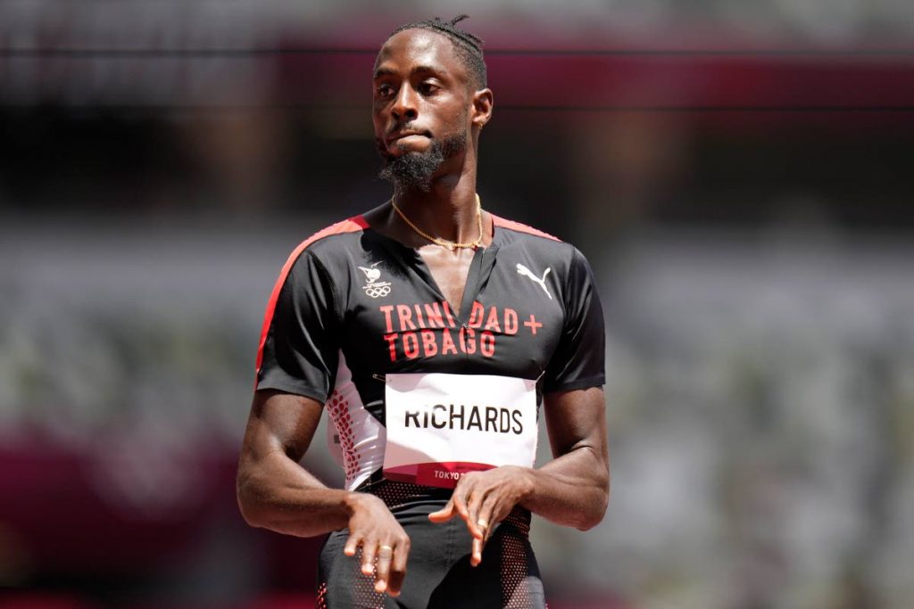 Jereem Richards, of Trinidad and Tobago, reacts after his heat of the men's 200-meters at the 2020 Summer Olympics, Tuesday, Aug. 3, 2021, in Tokyo. (AP Photo/Petr David Josek) 