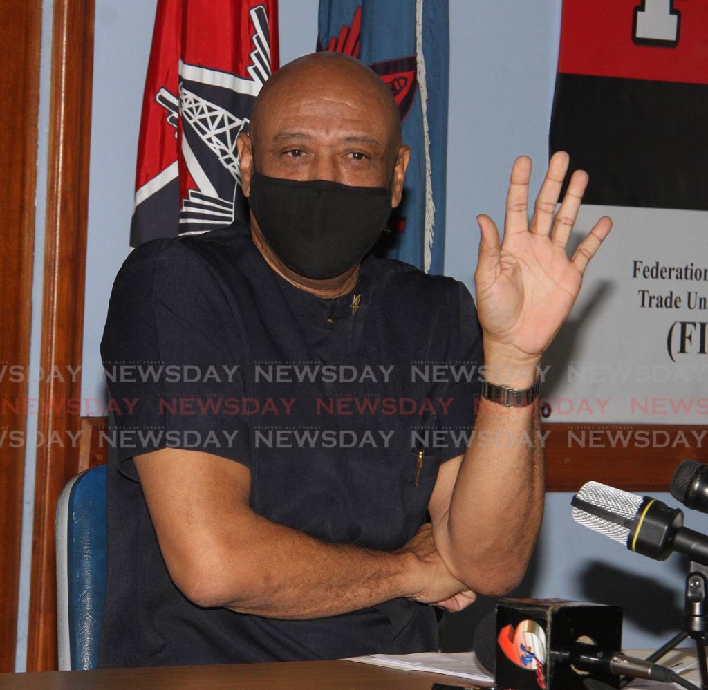 OWTU President General Ancel Roget, discusses the concerns of T&TEC employees at a press conference held at the Paramount Building, OWTU Headquarters, San Fernando on Thursday.   - Photo by Angelo Marcelle