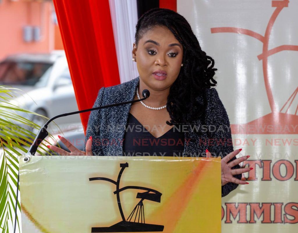 Minister of Sport and Community Development Shamfa Cudjoe speaks at a grant distribution ceremony on Wednesday at Barrington's Court, Bon Accord.  - Photo by David Reid