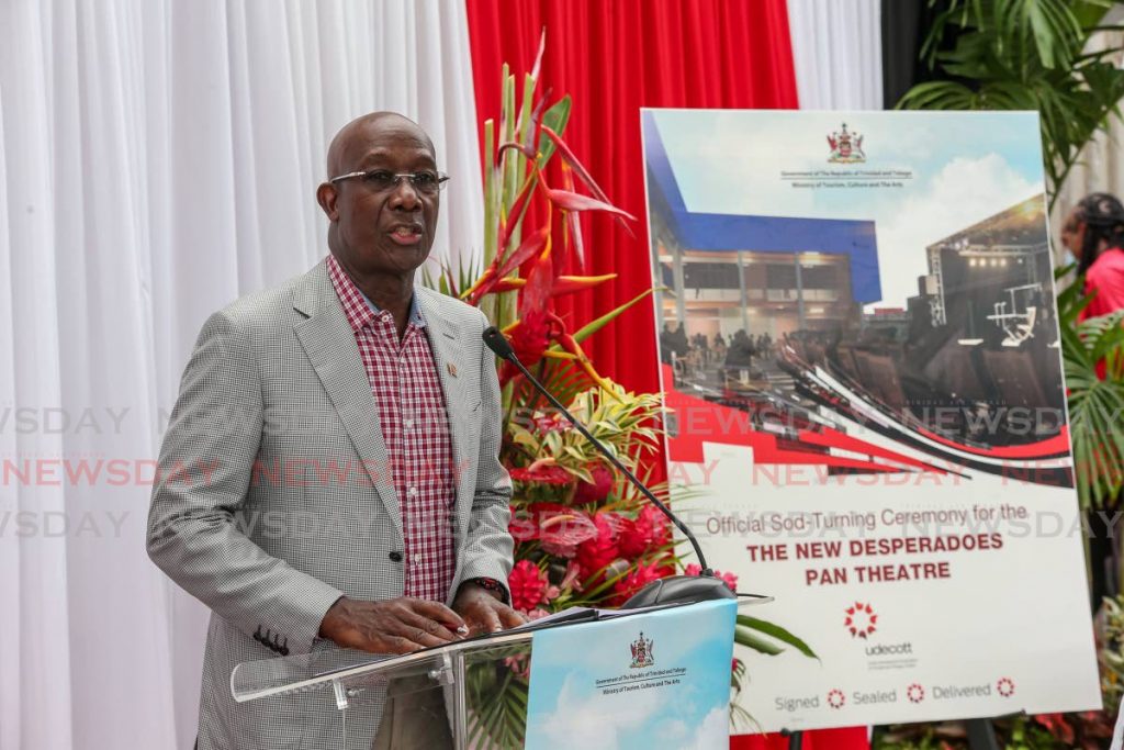 Prime Minister Dr Keith Rowley during his address at the sod-turning for the new Desperadoes Pan Theatre, Nelson Street, Port of Spain on August 17.  - Photo by Jeff Mayers