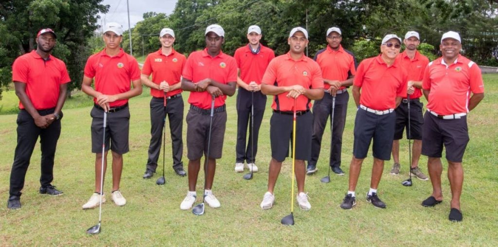 Trinidad and Tobago golf team Chris McMillan (coach), from left, Zico Correia, Sol Joanni, Chris Richards Jnr, Liam Bryden (reserve), Jessel Mohammed, Jean Marc Chevrotiere, Michael Charles (manager), Shane Costelloe and Wayne Baptiste (president, TTGA) - 