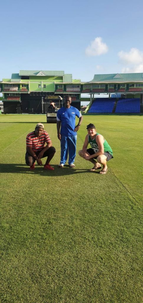 (L-R) The trio of deputy curator Jamal Hewlett, head curator Allex Matthew and Caribbean Premier League pitch and field consultant Dave Agnew are responsible for maintaining the pitch at Warner Park, St Kitts for the 2021 Hero CPL tournament which starts on August 26. - 