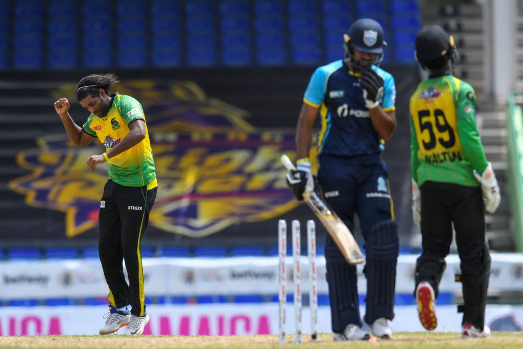 Imran Khan (left) of Jamaica Tallawahs celebrates the dismissal of Wahab Riaz (centre) of St Lucia Kings during the 2021 Hero Caribbean Premier League match 3 between Jamaica Tallawahs and St Lucia Kings at Warner Park Sporting Complex on August 27, 2021 in Basseterre, St Kitts. (Photo by CPL T20/Getty Images) 