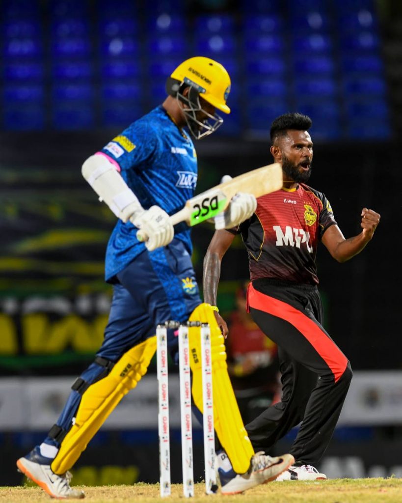 Isuru Udana of Trinbago Knight Riders celebrates the dismissal of Thisara Perera of Barbados Royals during the 2021 Hero Caribbean Premier League at Warner Park in Basseterre, St Kitts, Friday. (Photo by Randy Brooks - CPL T20/Getty Images) 