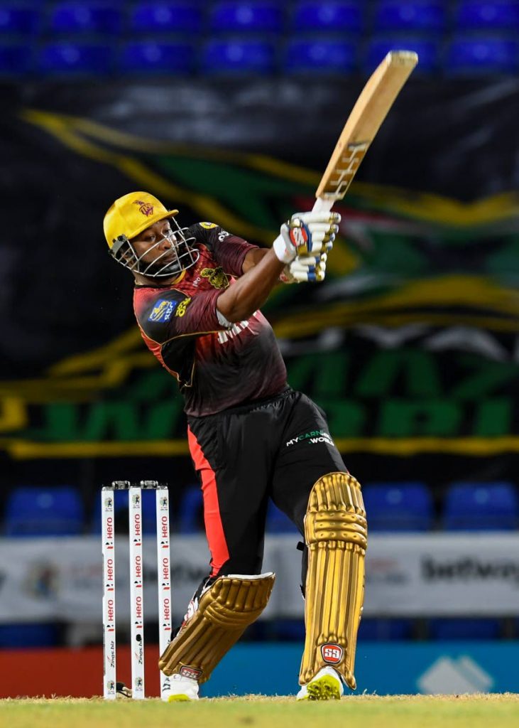 Trinbago Knight Riders captain Kieron Pollard smashes the ball for six runs during the 2021 Hero Caribbean Premier League match 4 against the Barbados Royals at Warner Park Sporting Complex on Friday night, in Basseterre, St Kitts. - via CPL T20