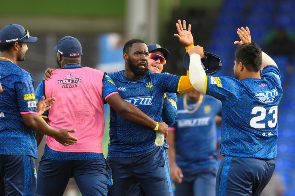  Raymon Reifer (2R) of Barbados Royals celebrates the dismissal of Andre Russell of Jamaica Tallawahs during the 2021 Hero Caribbean Premier League match 6 at Warner Park Sporting Complex on Saturday, in Basseterre, St Kitts. - via CPL T20