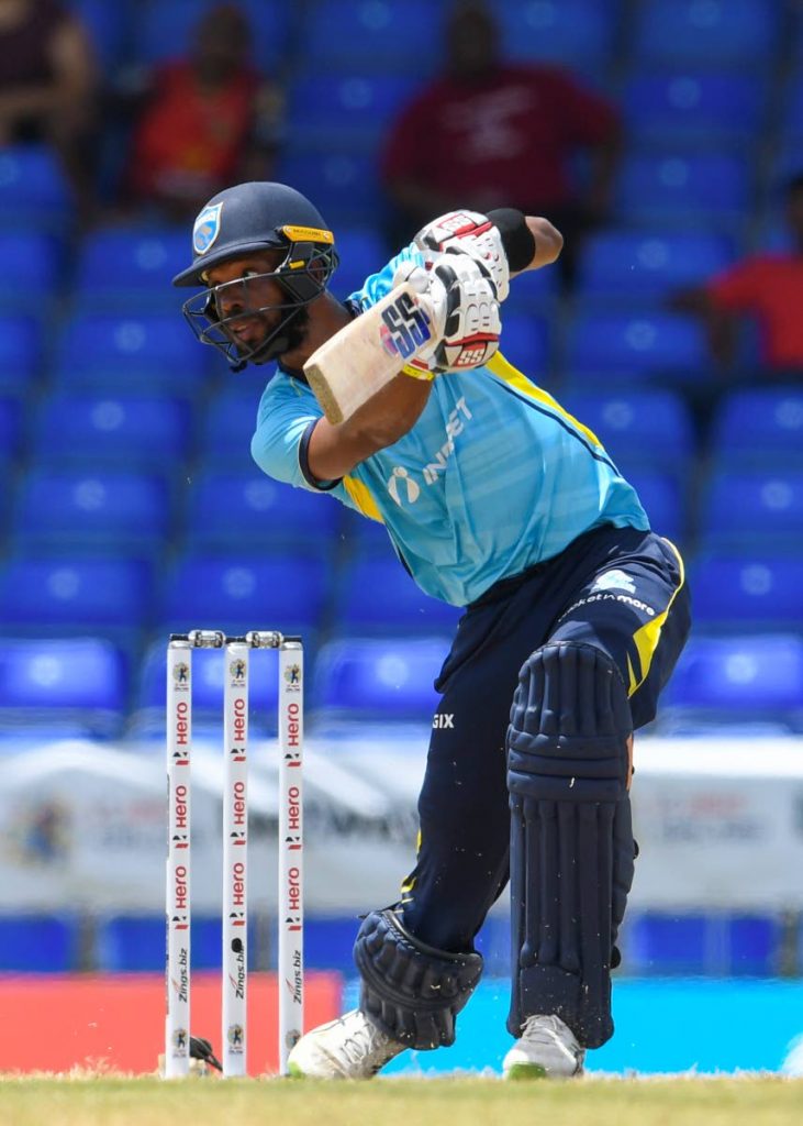 St Lucia Kings batsman Roston Chase strikes a boundary during the 2021 Hero Caribbean Premier League match 7 between St Lucia Kings and Trinbago Knight Riders at Warner Park Sporting Complex in Basseterre, St Kitts, on Sunday. (Photo by CPL T20/Getty Images) - 