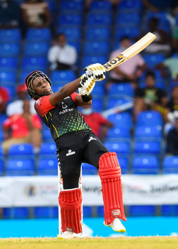 Dwayne Bravo of St Kitts/Nevis Patriots pulls a ball for a six during the 2021 Hero Caribbean Premier League match 8 between St Kitts/Nevis Patriots and Guyana Amazon Warriors at Warner Park Sporting Complex in Basseterre, St Kitts, on Sunday. (Photo by CPL T20/Getty Images) - 