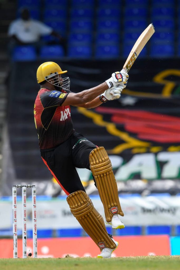 TKR's Kieron Pollard hits the ball for six runs during the 2021 Hero Caribbean Premier League match 9 between Trinbago Knight Riders and Saint Lucia Kings at Warner Park Sporting Complex on Tuesday, in Basseterre, St Kitts,  Photo source CPL T20