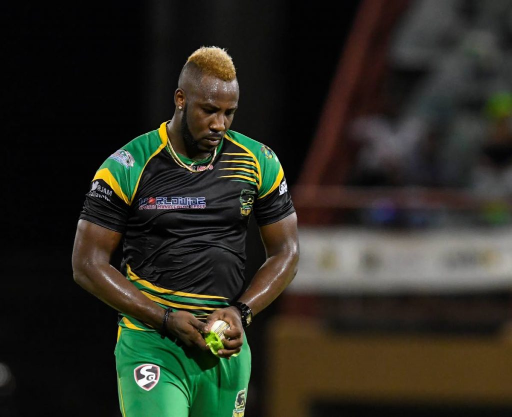  In this Sep 12, 2018 file photo, Andre Russell of Jamaica Tallawahs dries the ball during the Hero Caribbean Premier League play-off match 32 against St Kitts & Nevis Patriots, at Guyana National Stadium in Providence, Guyana. - via CPL T20
