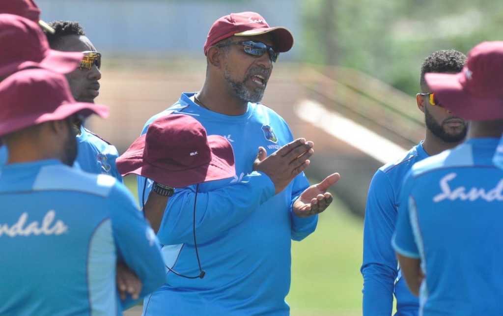 In this January 1, 2020 file photo, West Indies coach Phil Simmons speaks to the team before training, a day before his squad were due to play Ireland, in the Colonial Medical Insurance One Day International series, at the Grenada National Stadium. - 