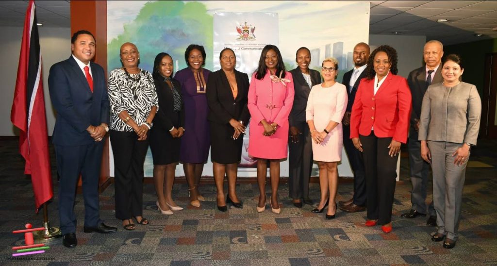  TTT board of directors, from left, Ronald Huggins, Lynette Quamina-Nurse, Avian Parks, Nicholette Johnson, chairman Ronda Francis, then Minister of Communications Donna Cox, vice-chairman Nadira Lyder, Sandra Frank, Keron Seebaran, Lisa Morales-Wilson, John Victor and Renatta Bissoondath on January 15, 2020. There are eight women directors on the state media company’s board. Two new directors Jules Sobion and Shakka Subero (not in photo) were appointed on January 15, 2021. - 
