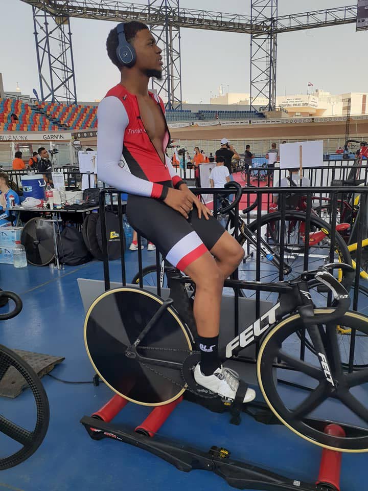 TT cyclist Ryan D'Abreau warms up before his keirin event at the Junior Track Cycling World Championships in Cairo, Egypt. - Elisha Greene
