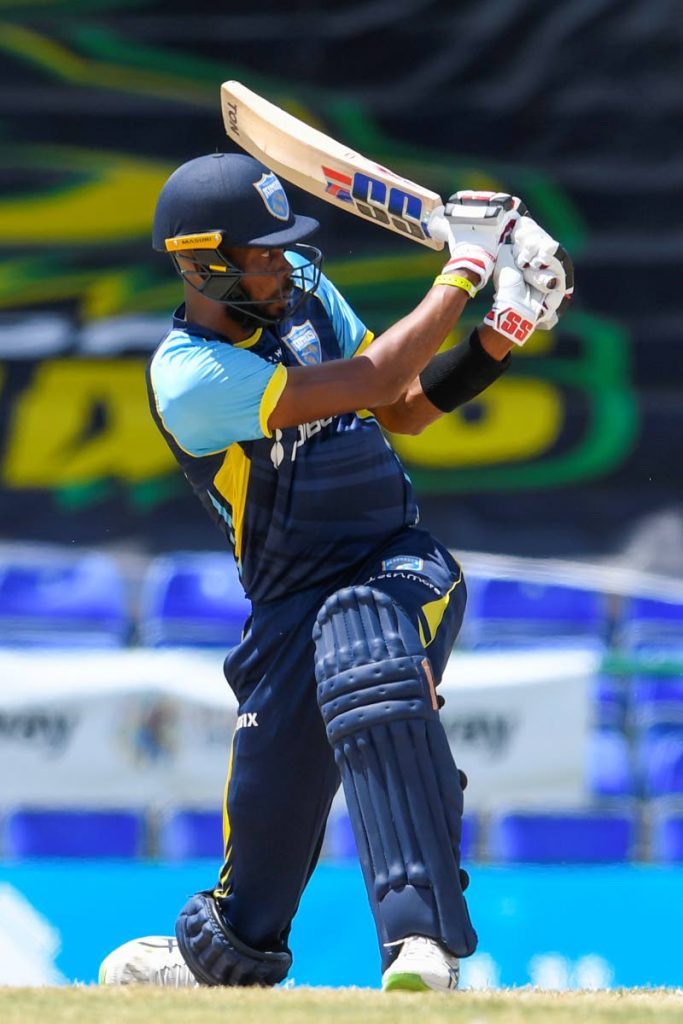 Roston Chase of Saint Lucia Kings hits a six to bring up his half century during the 2021 Hero Caribbean Premier League match 13 against Guyana Amazon Warriors at Warner Park Sporting Complex on Thursday, in Basseterre, St Kitts. - Photo courtesy CPL T20