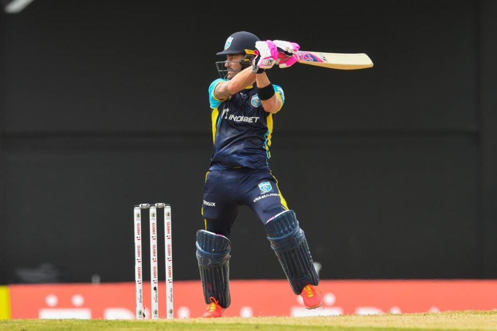 Faf Du Plessis of St Lucia Kings hits a boundary during the 2021 Hero Caribbean Premier League match 15 between St Lucia Kings and St Kitts/Nevis Patriots at Warner Park Sporting Complex in Basseterre, St Kitts on September 4, 2021. (Photo by CPL T20/Getty Images) - 