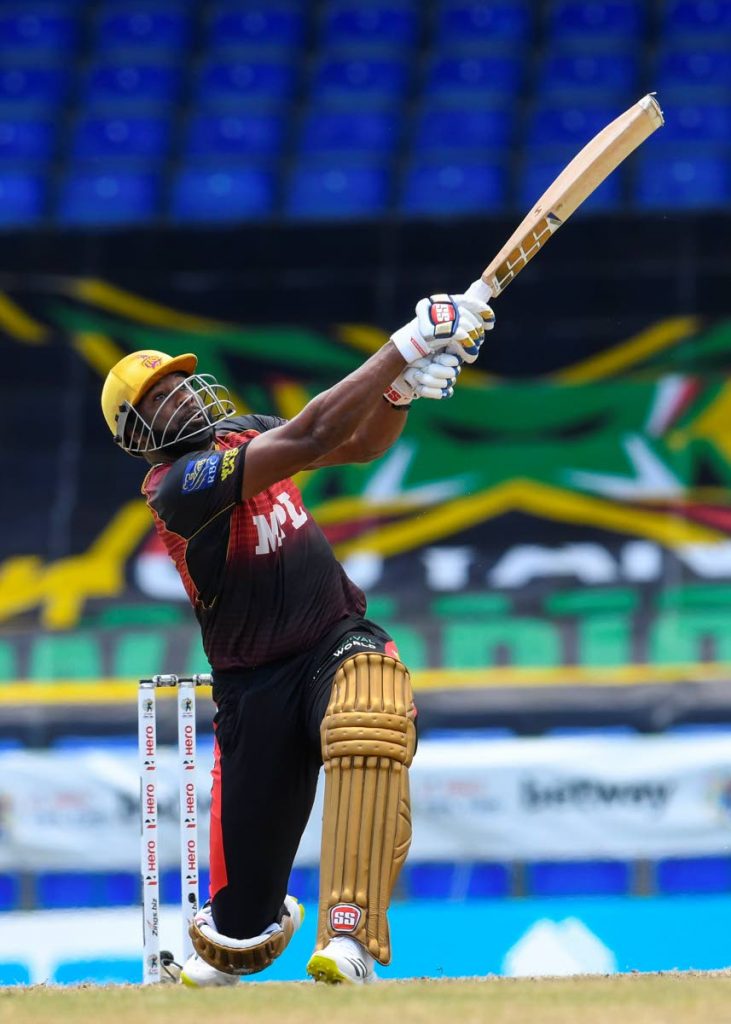 Kieron Pollard of Trinbago Knight Riders hits a six during the 2021 Hero Caribbean Premier League match 19 between Jamaica Tallawahs and Trinbago Knight Riders at Warner Park Sporting Complex on Tuesday in Basseterre, St Kitts. (Photo by CPL T20) - 