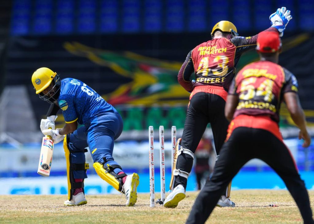 Raymon Reifer (L) of Barbados Royals is bowled by Sunil Narine (not in photo) of Trinbago Knight Riders during the 2021 Hero Caribbean Premier League match 23 at Warner Park Sporting Complex on Thursday, in Basseterre, St Kitts. - Photo courtesy CPL T20