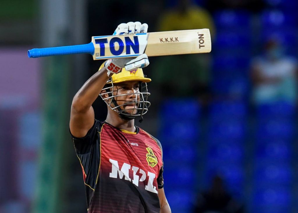 Lendl Simmons of Trinbago Knight Riders celebrates his half century during the 2021 Hero Caribbean Premier League match 18 between Trinbago Knight Riders and Jamaica Tallawahs at Warner Park Sporting Complex on Sunday in Basseterre, St Kitts. (Photo by CPL T20/Getty Images) - 