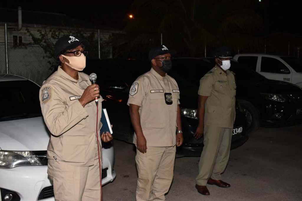 DCP (Ag) Erla Christopher (left), CoP (Ag) Mc Donald Jacob (middle) and Snr Supt Curt Simon address Central Division Officers at Enterprise Base in Chaguanas on Friday. - Photo courtesy TTPS