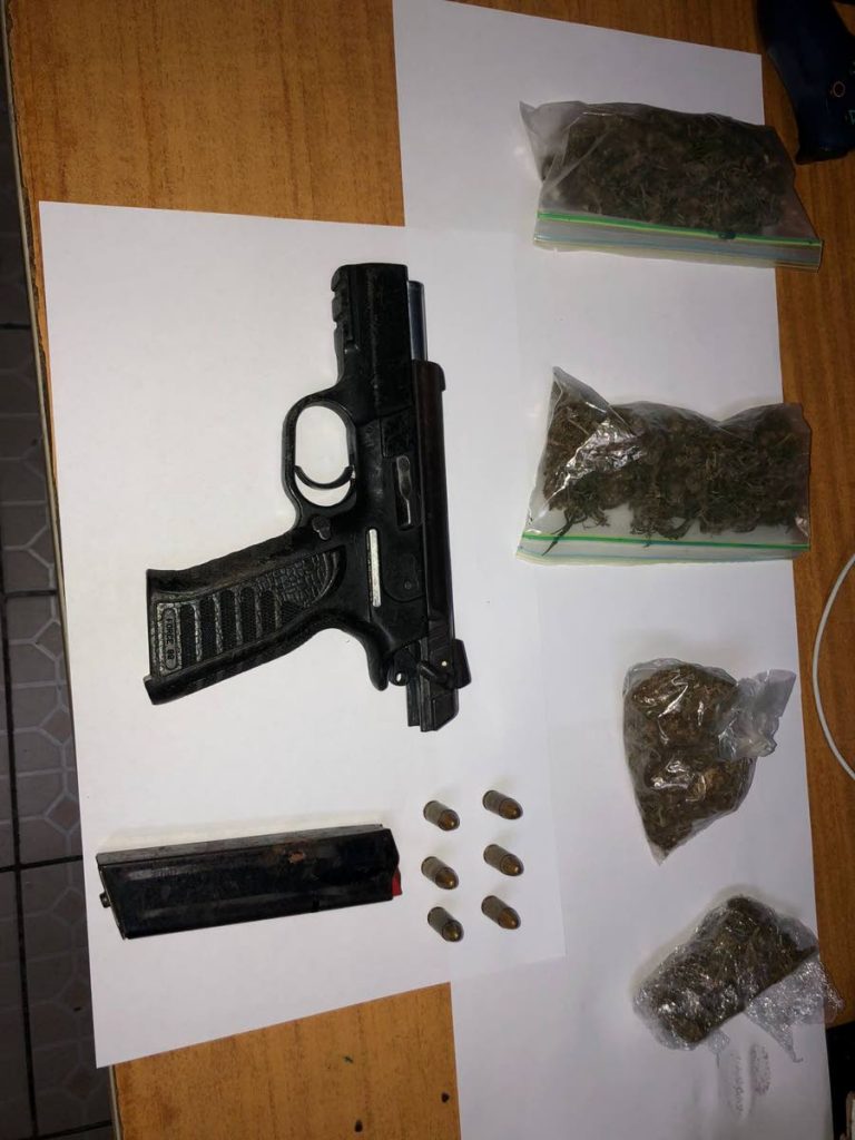 A Tangfolio pistol, six rounds of ammunition and a quantity of marijuana were found and seized by police in Oudan Trace, El Socorro, on Sunday night. 

PHOTO COURTESY TTPS 