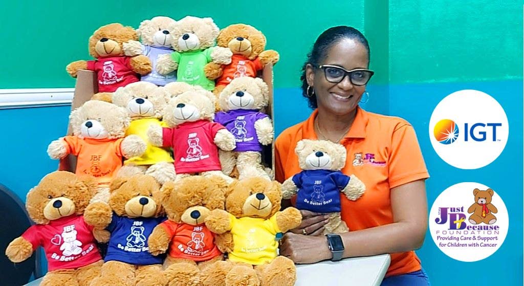 Just Because Foundation (JBF) co-founder Chevaughn Joseph receives 200 Be Better Bears which were sponsored and provided by IGT for children with cancer at the JBF Paediatric Speciality Unit at the Eric Williams Medical Sciences Complex, Mt Hope. - 