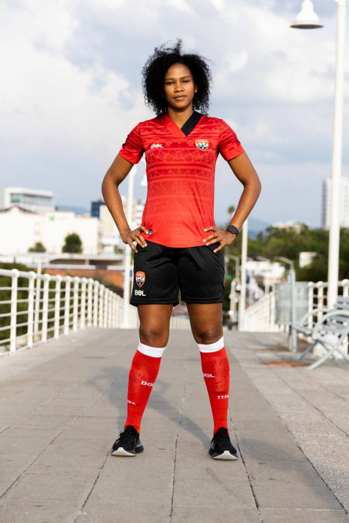 TT women’s footballer Victoria Swift is pictured in the new TT women’s home kit,  on location in Leon. - via TT Football Association