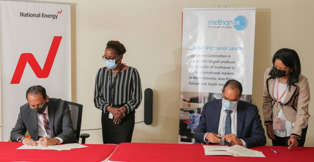 National Energy president Dr Vernon Paltoo, left to right, the company's manager of legal and corporate services secretariat Camille Blackman, Methanex president and managing director Colin Bain and manager of commercial and stakeholder relations Leiselle Harripersad at the signing of a memorandum of understanding on Wednesday. Photo courtesy National Energy - Photo courtesy National Energy